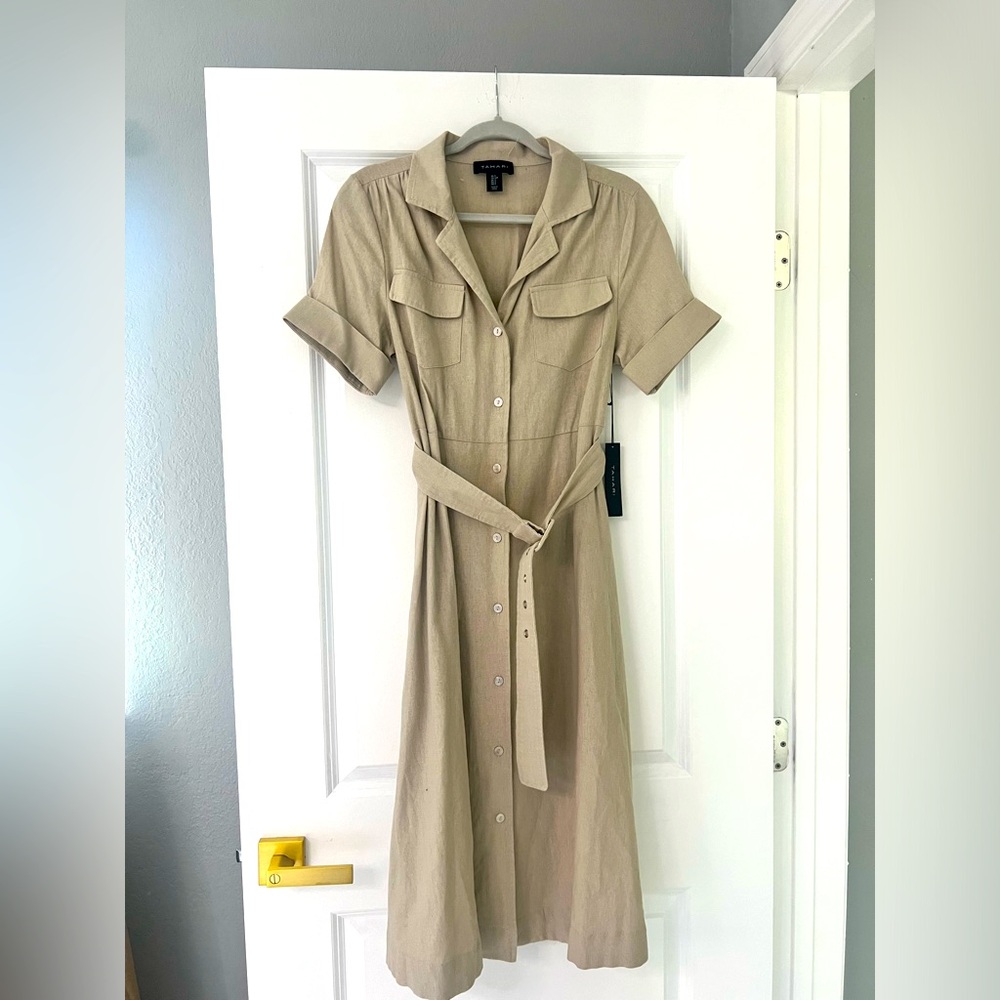 BNWT Tahari Linen pearl button down dress belted